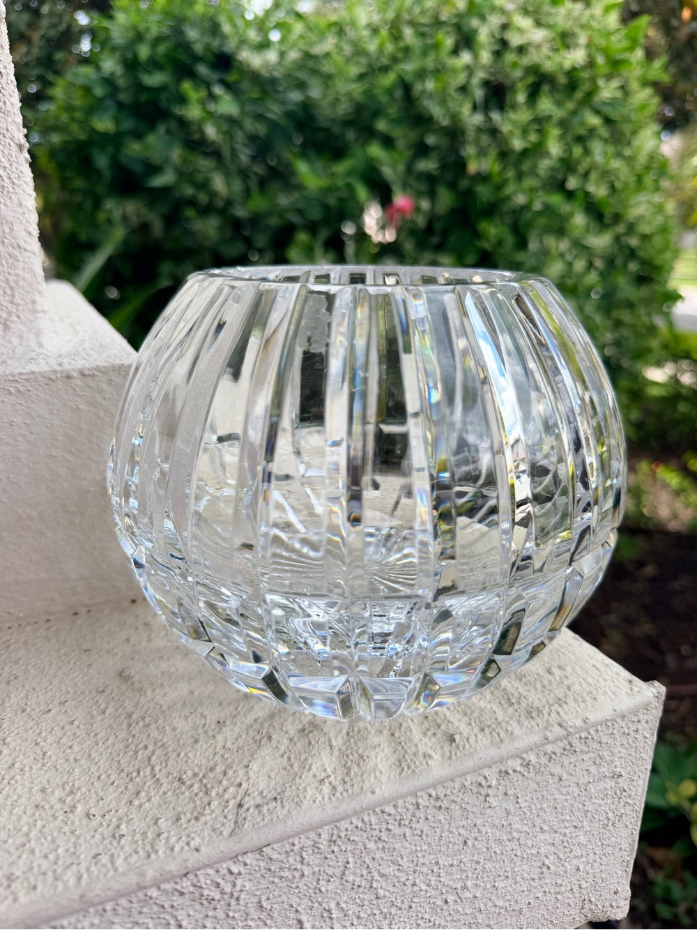 Vintage Clear Crystal Globe Rose Bowl Vase Ribbed Cut Glass Starburst 5"